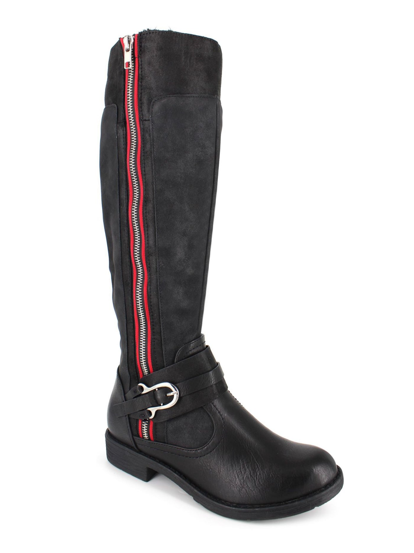 ZIGI SOHO Womens Black Faux Firm Trim Accent Stripes Buckle Accent Zipper Accent Stephany Round Toe Block Heel Zip-Up Riding Boot 7