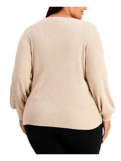 CALVIN KLEIN Womens Beige Textured Dolman Sleeve V Neck Top Plus 2X