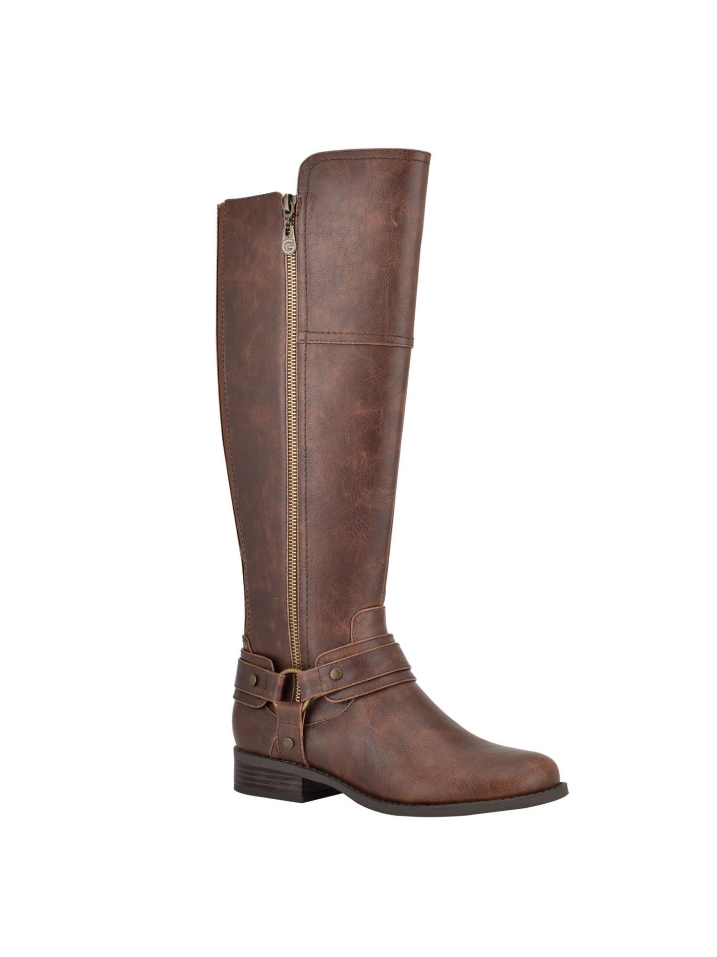 GBG LOS ANGELES Womens Brown Flex Gore Back Accents Gold-Tone Hardware Accent Zipper Accent Buckle Accent Harlea Round Toe Block Heel Zip-Up Riding Boot 5 M WC