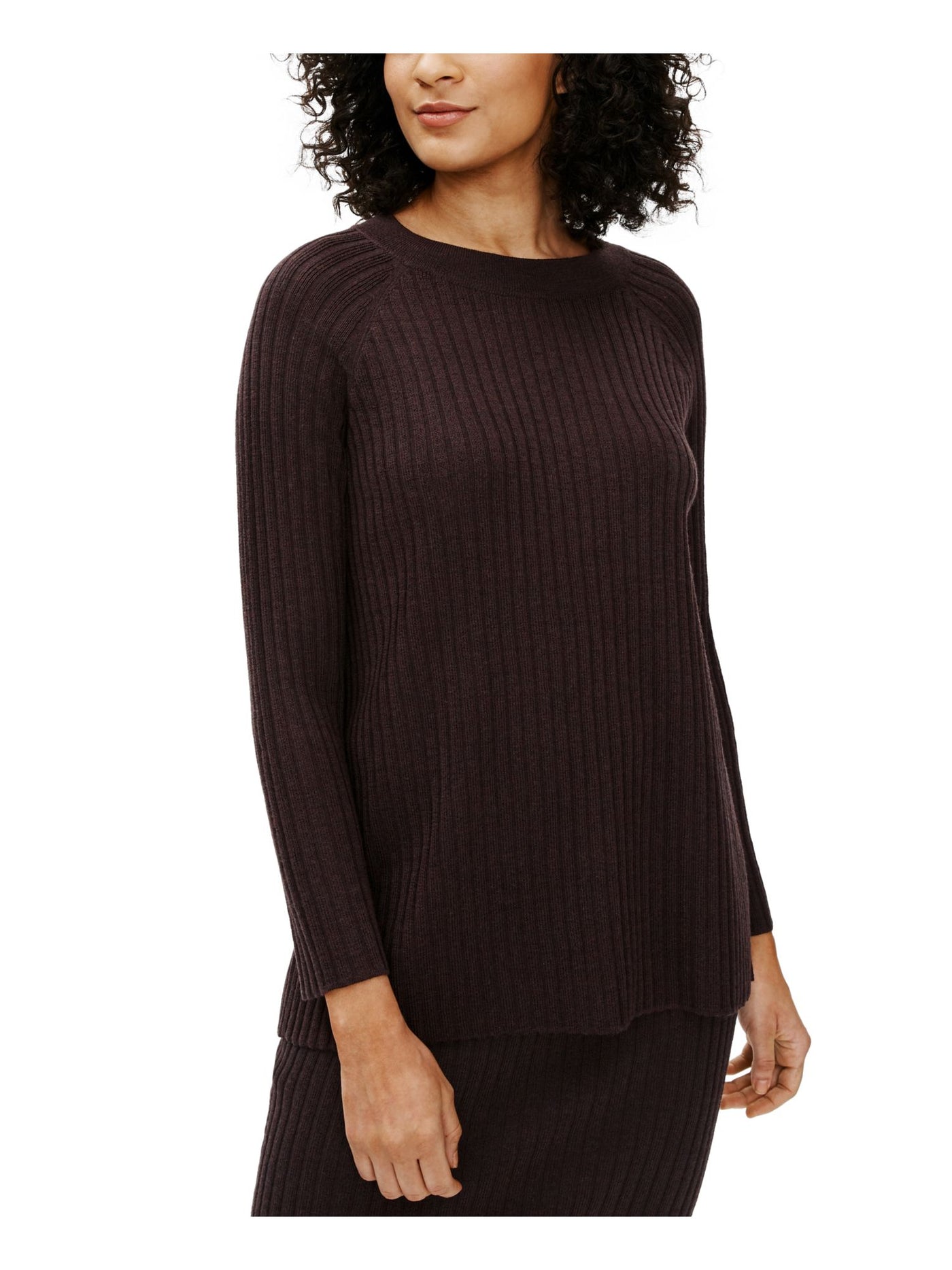 EILEEN FISHER Womens Brown Stretch Ribbed Long Sleeve Crew Neck Sweater M