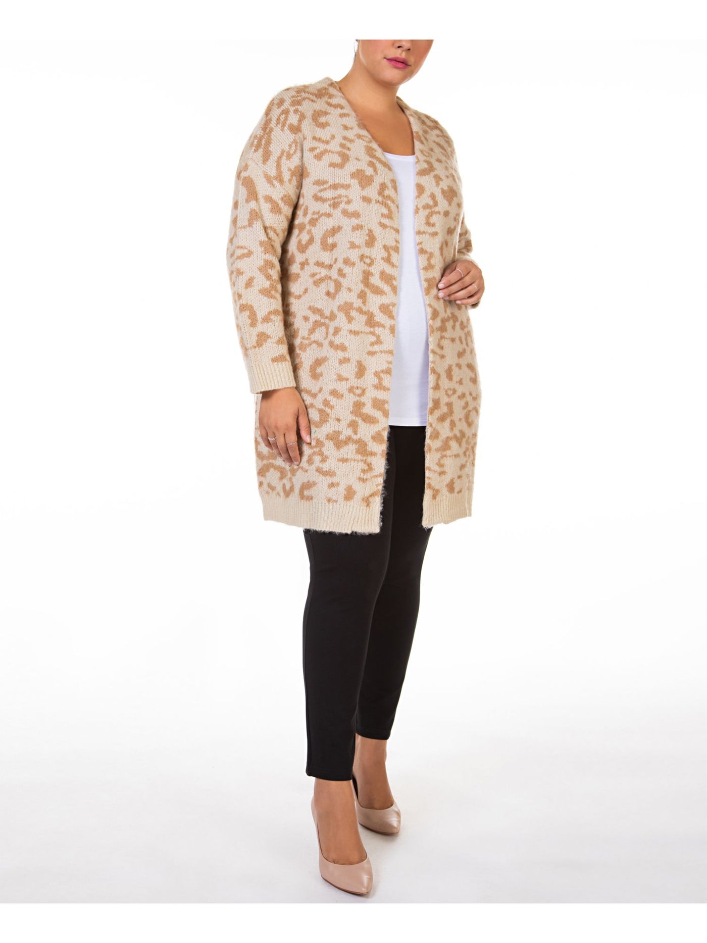 BLACK TAPE Womens Beige Printed Long Sleeve Open Cardigan Sweater X