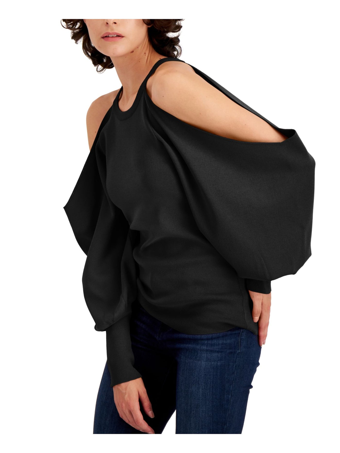 INC Womens Black Stretch Cold Shoulder Ribbed Blouson Sleeve Halter Sweater M