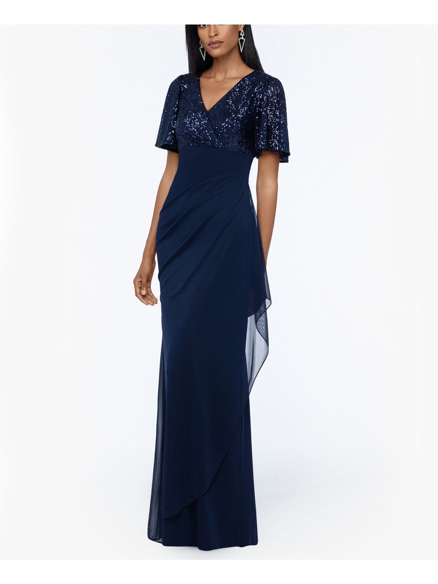 X BY XSCAPE Womens Navy Sequined Ruched Ruffled Flutter Surplice Neckline Formal Dress 6