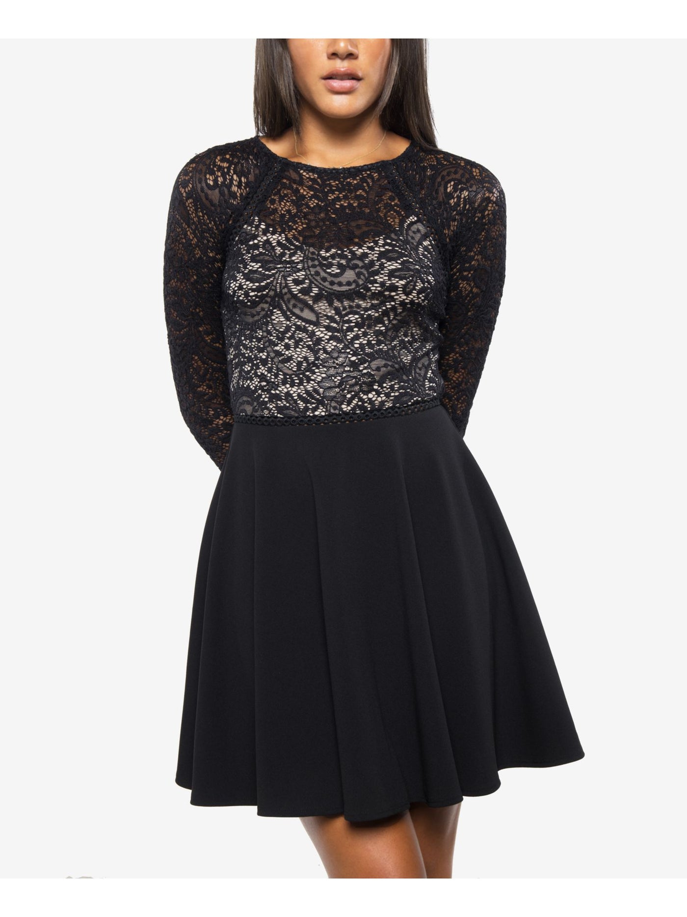 B DARLIN Womens Black Lace Zippered 3/4 Sleeve Jewel Neck Short Party Fit + Flare Dress Juniors 1\2
