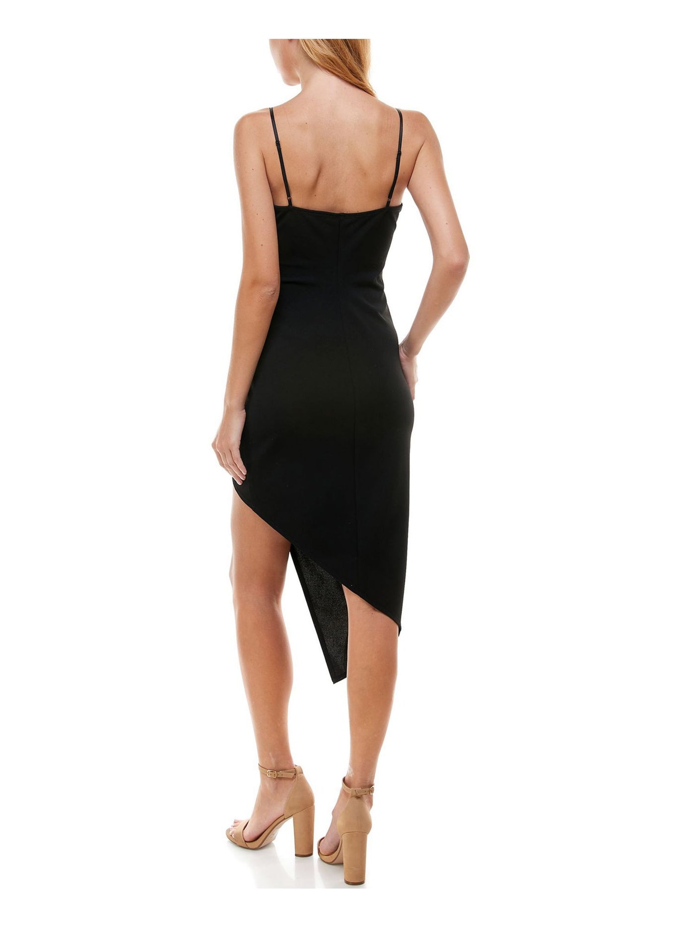EMERALD SUNDAE Womens Black Stretch Embellished Pleated Asymmetrical-hem Spaghetti Strap V Neck Midi Party Body Con Dress XXS