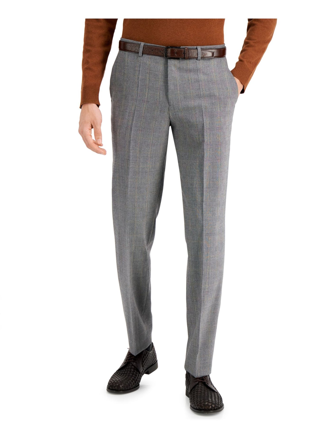 HUGO BOSS Mens Gray Flat Front, Plaid Classic Fit Wool Blend Suit Separate Pants 32R