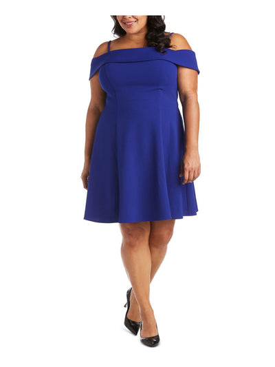 R&M RICHARDS Womens Blue Stretch Zippered Tie Short Sleeve Off Shoulder Above The Knee Formal Fit + Flare Dress Plus 16W