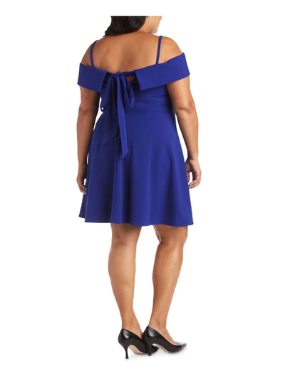 R&M RICHARDS Womens Blue Stretch Zippered Tie Short Sleeve Off Shoulder Above The Knee Formal Fit + Flare Dress Plus 16W