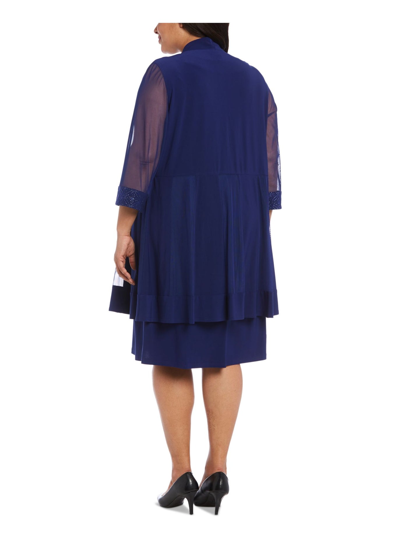 R&M RICHARDS WOMAN Womens Blue Glitter Sheer 3/4 Sleeve Open Front Wear To Work Cardigan Plus 2X