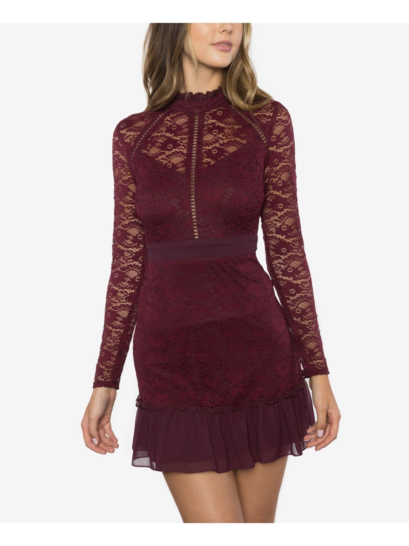 B DARLIN Womens Burgundy Lace Mock Neck Long Sleeve Mock Neck Mini Party Fit + Flare Dress 15\16