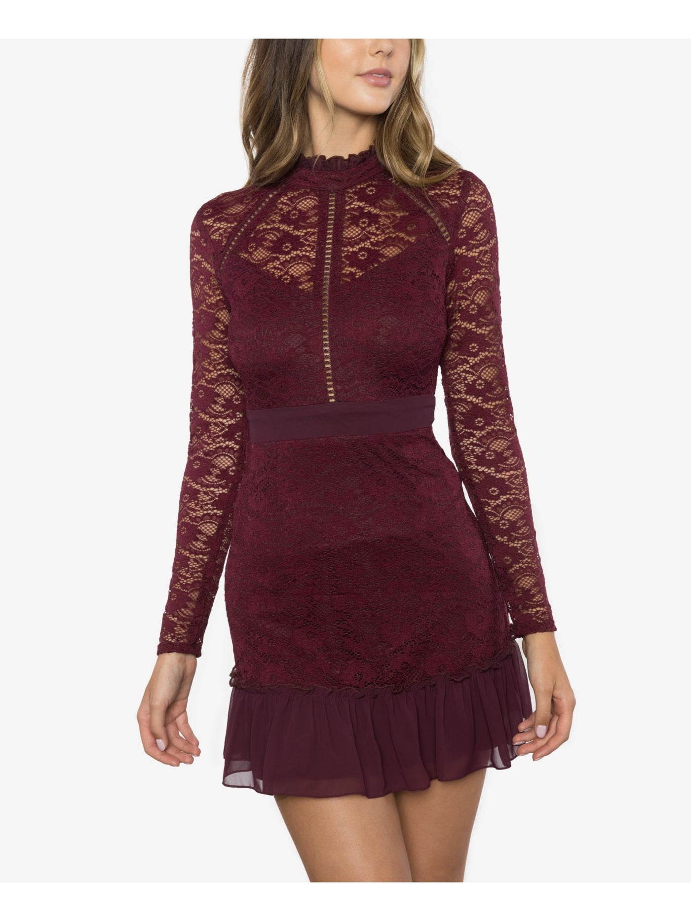 B DARLIN Womens Maroon Lace Mock Neck Long Sleeve Mock Neck Mini Party Fit + Flare Dress 11\12