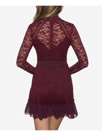 B DARLIN Womens Burgundy Lace Mock Neck Long Sleeve Mock Neck Mini Party Fit + Flare Dress Juniors 13\14