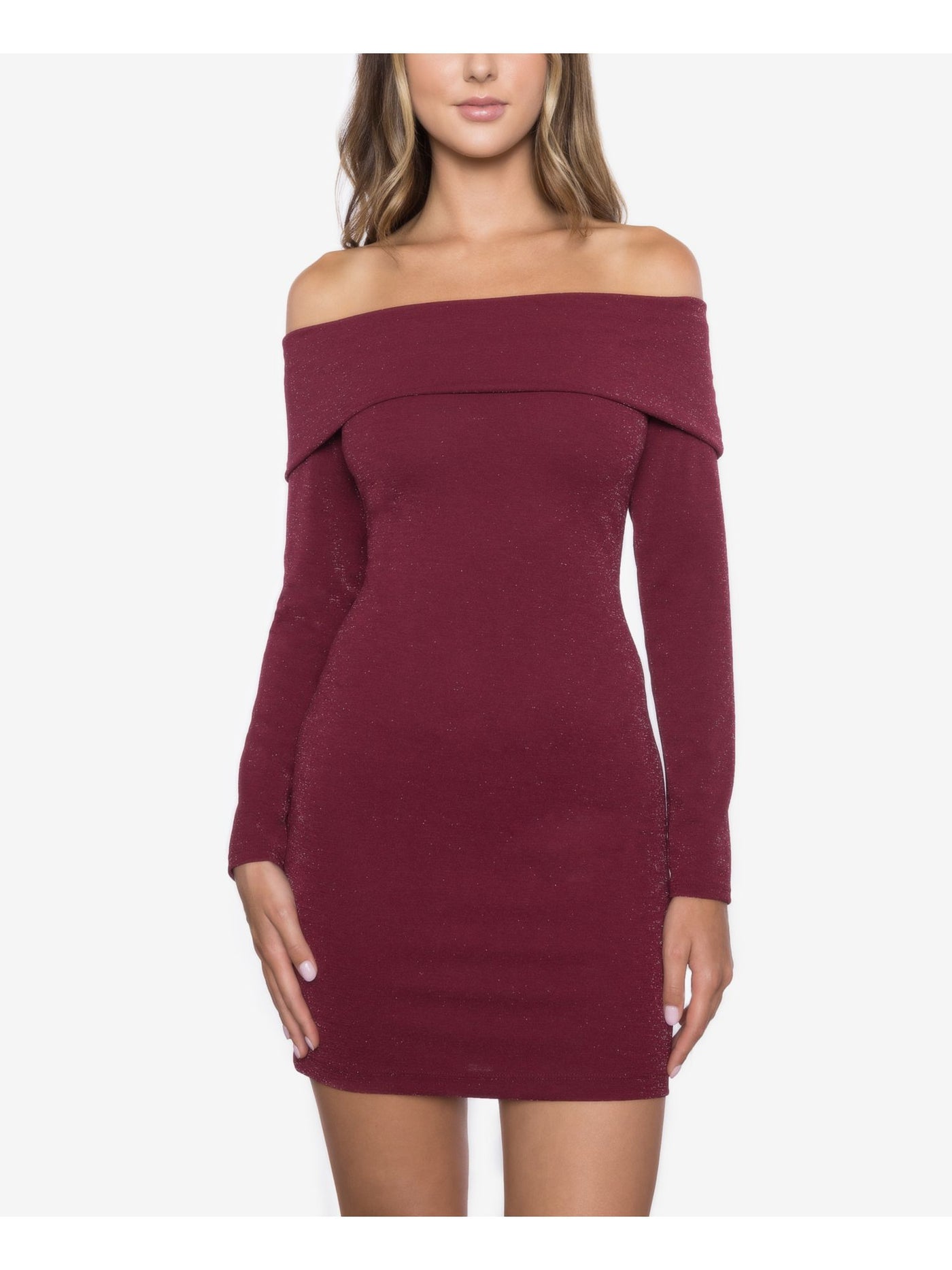 B DARLIN Womens Red Glitter Long Sleeve Off Shoulder Mini Party Body Con Dress Juniors 3 B DARLIN Womens Red Glitter Long Sleeve Off Shoulder Mini Party Body Con Dress Juniors 3