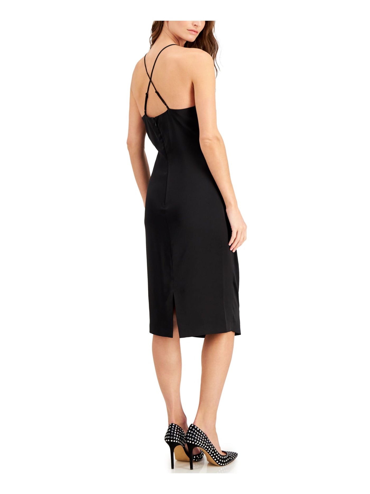 LAUNDRY Womens Black Stretch Zippered Ruched Crisscross Straps At Back Sleeveless Halter Knee Length Party Body Con Dress 12