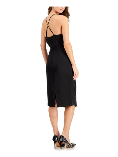 LAUNDRY Womens Black Stretch Zippered Ruched Crisscross Straps At Back Sleeveless Halter Knee Length Party Body Con Dress 14