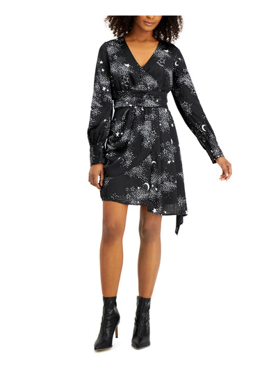 BAR III Womens Black Moon And Stars Printed Long Sleeve Surplice Neckline Short Party Faux Wrap Dress 12