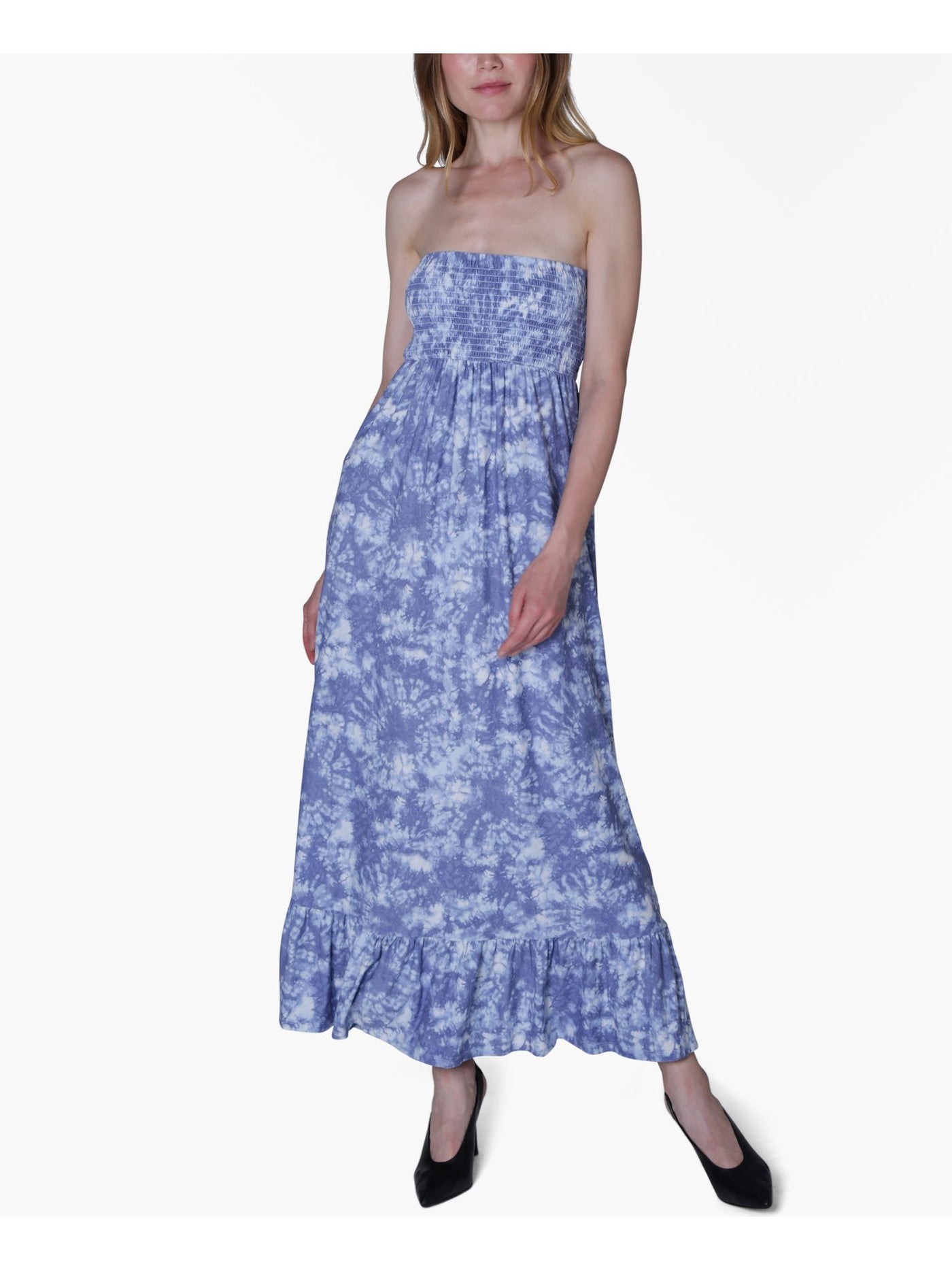 ULTRA FLIRT Womens Blue Ruffled Smocked Acid Wash Strapless Maxi Dress Juniors XXS