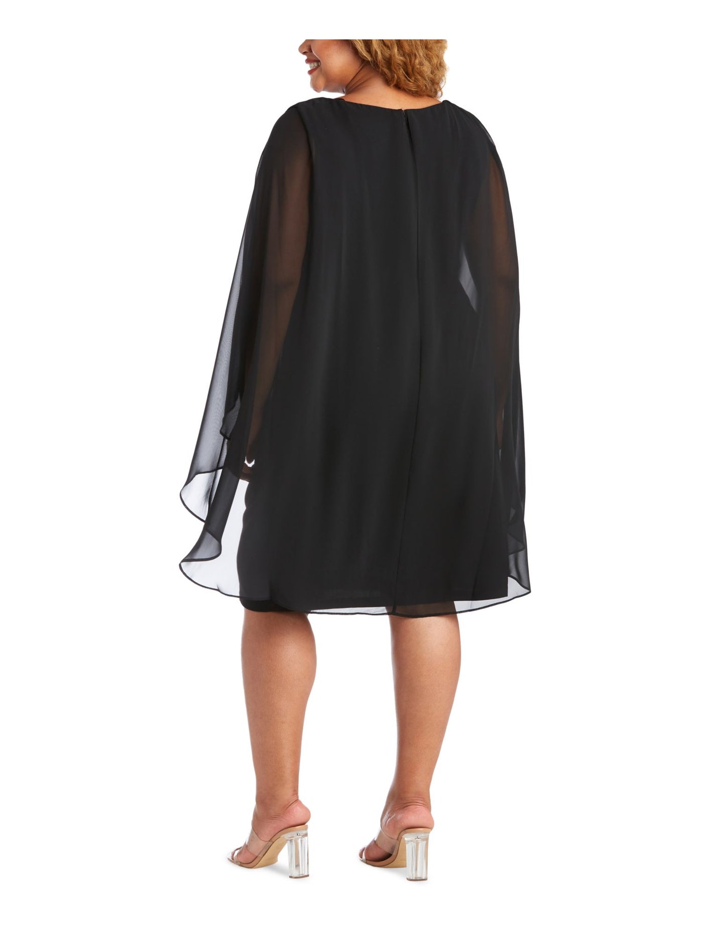 R&M RICHARDS Womens Black Stretch Zippered Embellished Sheer Attached Cape Surplice Neckline Knee Length Evening Sheath Dress Plus 22W