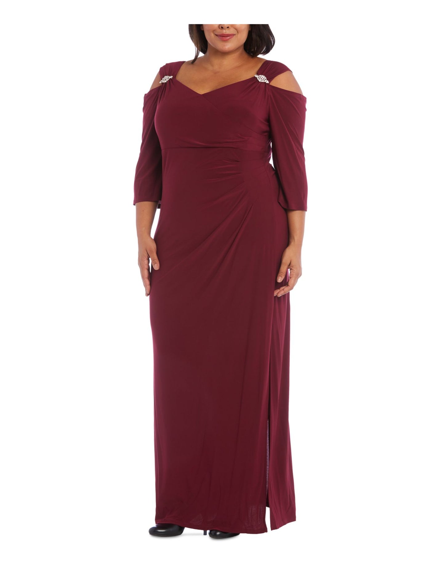 R&M RICHARDS WOMAN Womens Maroon Zippered Cold Shoulder Embellished Ruched Pleated Slit 3/4 Sleeve V Neck Full-Length Evening Gown Dress Plus 20W