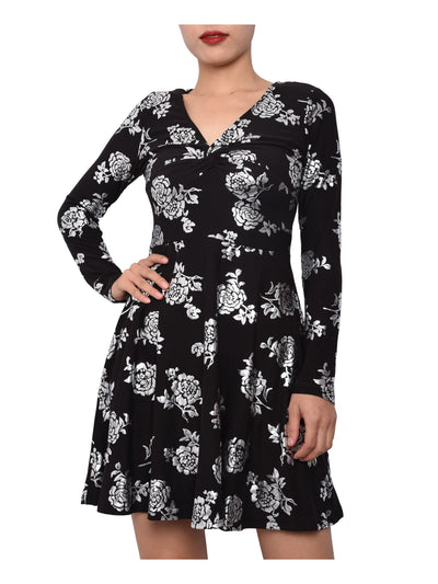 PLANET GOLD Womens Black Floral Long Sleeve V Neck Short Fit + Flare Dress XS