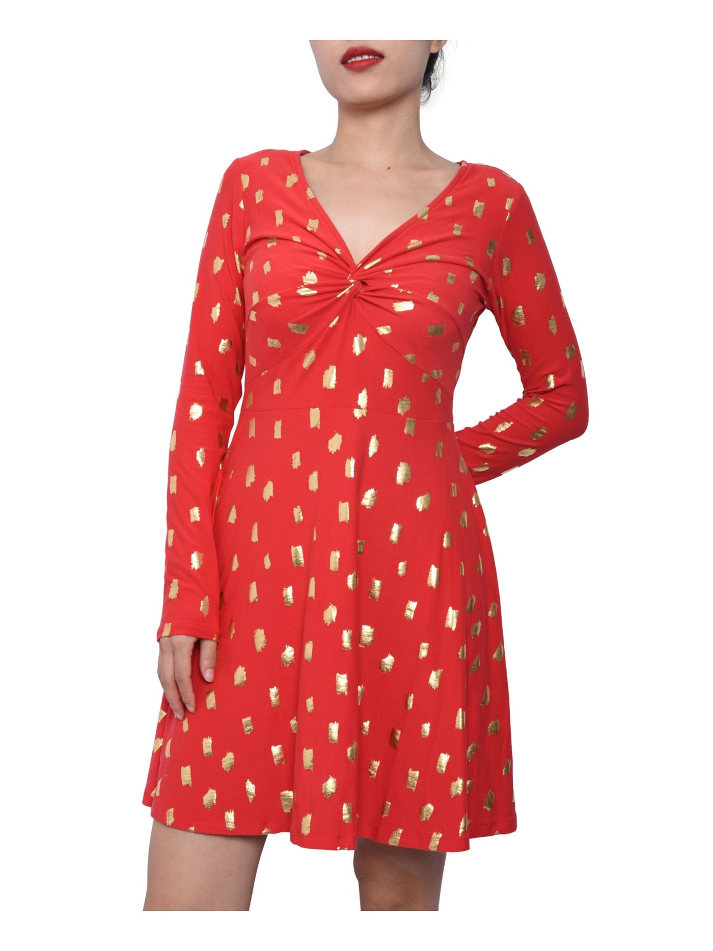 PLANET GOLD Womens Red Printed Long Sleeve V Neck Short Fit + Flare Dress L