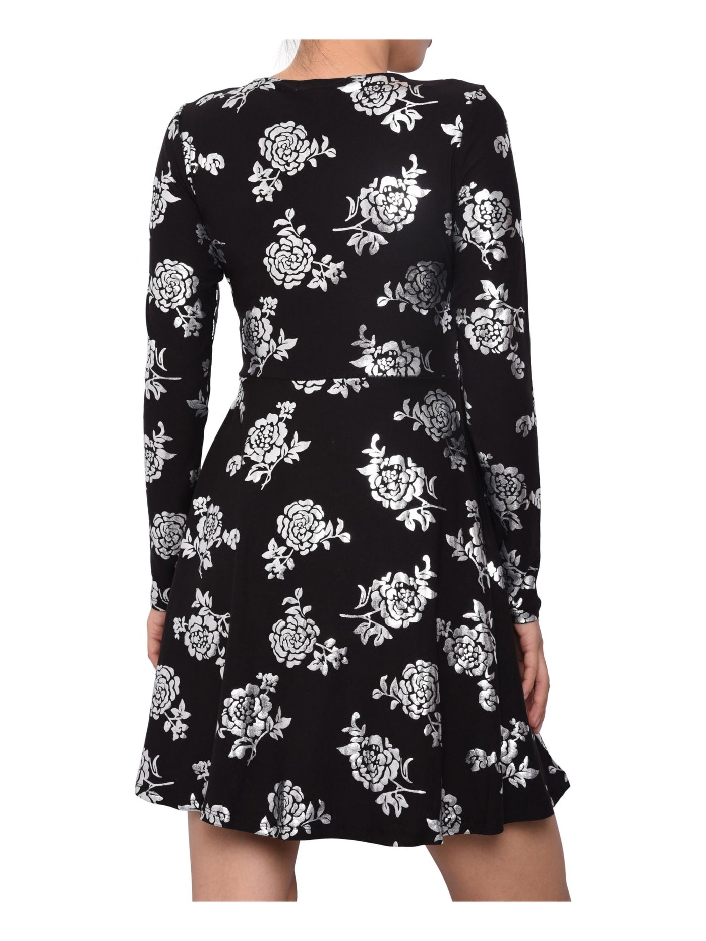 PLANET GOLD Womens Black Floral Long Sleeve V Neck Short Fit + Flare Dress XS