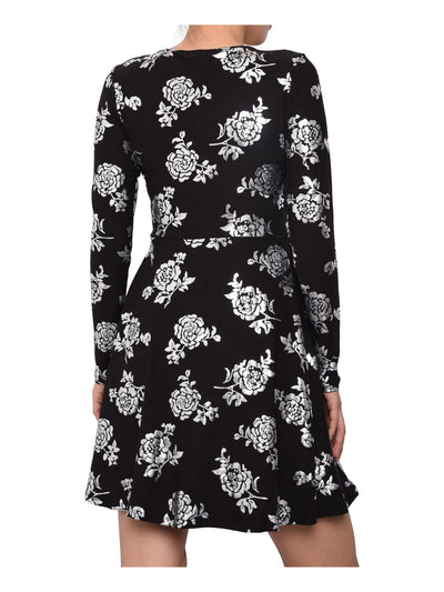 PLANET GOLD Womens Black Floral Long Sleeve V Neck Short Fit + Flare Dress XS