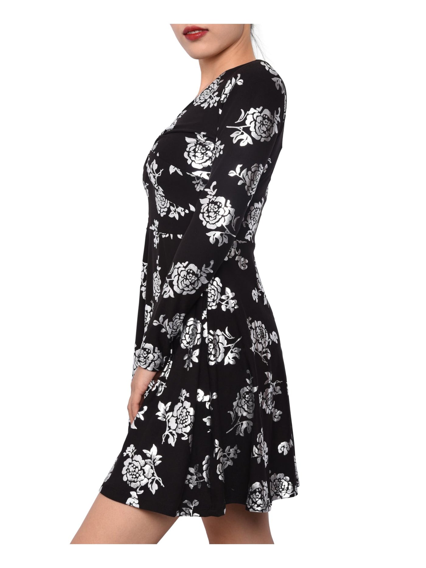 PLANET GOLD Womens Black Floral Long Sleeve V Neck Short Fit + Flare Dress XS