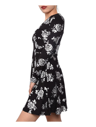 PLANET GOLD Womens Black Floral Long Sleeve V Neck Short Fit + Flare Dress XS