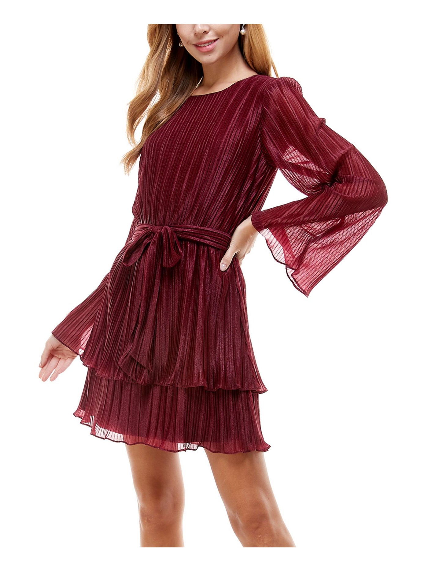 CITY STUDIO Womens Burgundy Belted Pleated Bell Sleeve Jewel Neck Short Party Fit + Flare Dress Juniors M