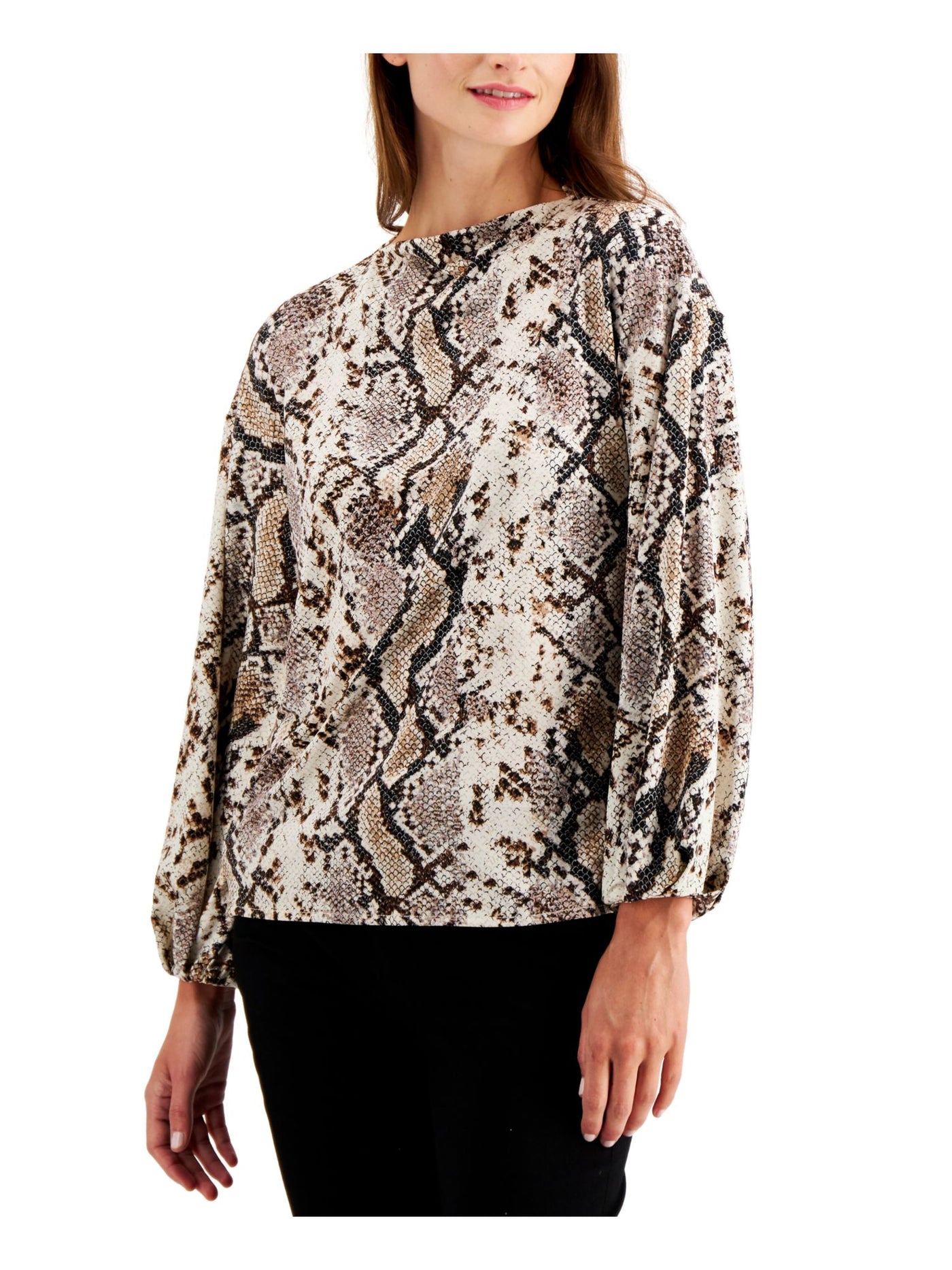 ALFANI Womens Beige Animal Print Long Sleeve Boat Neck Top XS