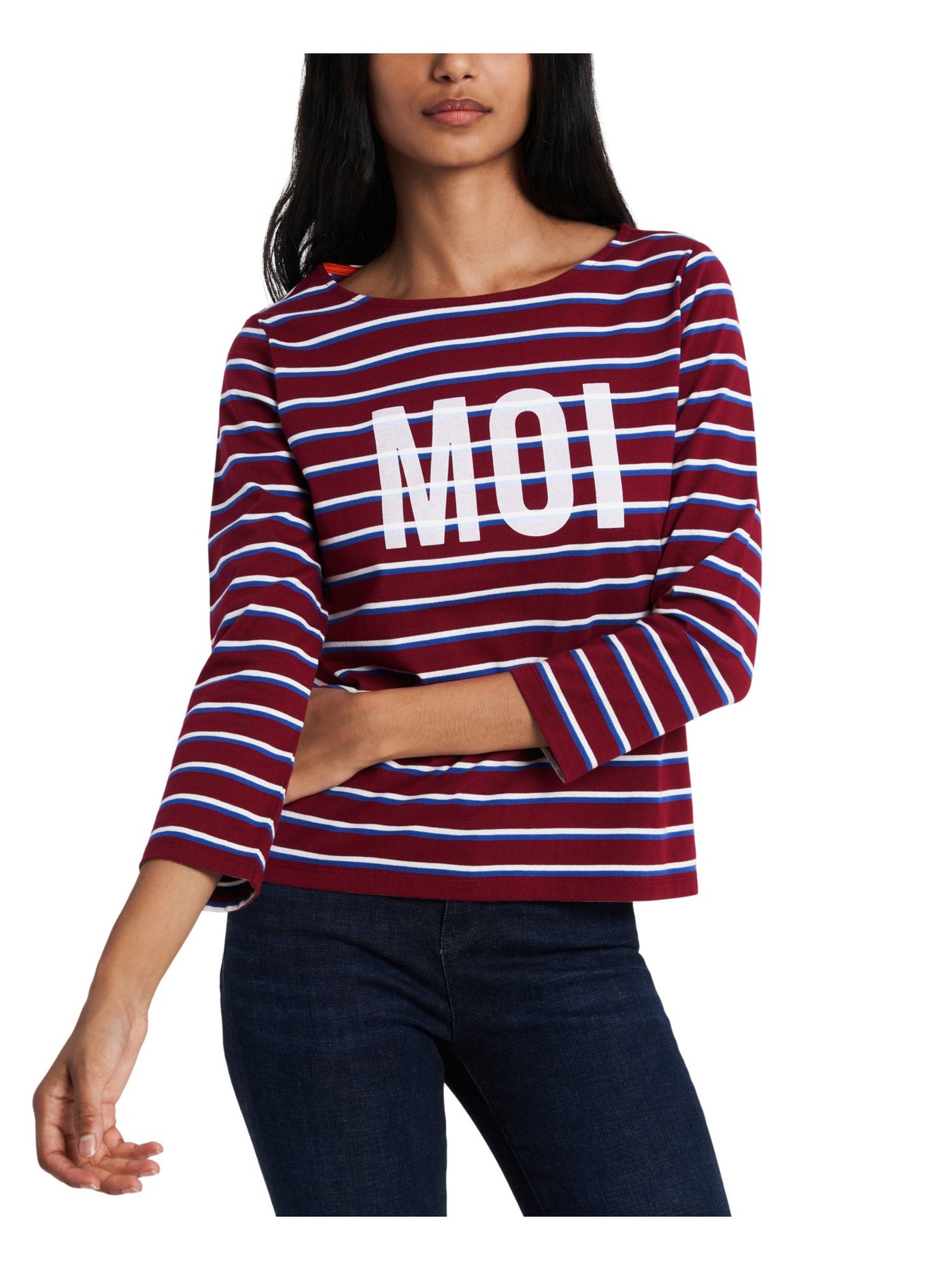 RILEY&RAE Womens Burgundy Cotton Embroidered Striped 3/4 Sleeve Crew Neck Top XXS