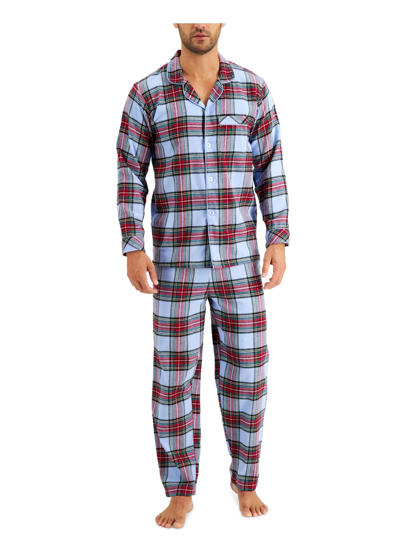 FAMILY PJs Mens Light Blue Plaid Long Sleeve Button Up Top Straight leg Pants Knit Pajamas S