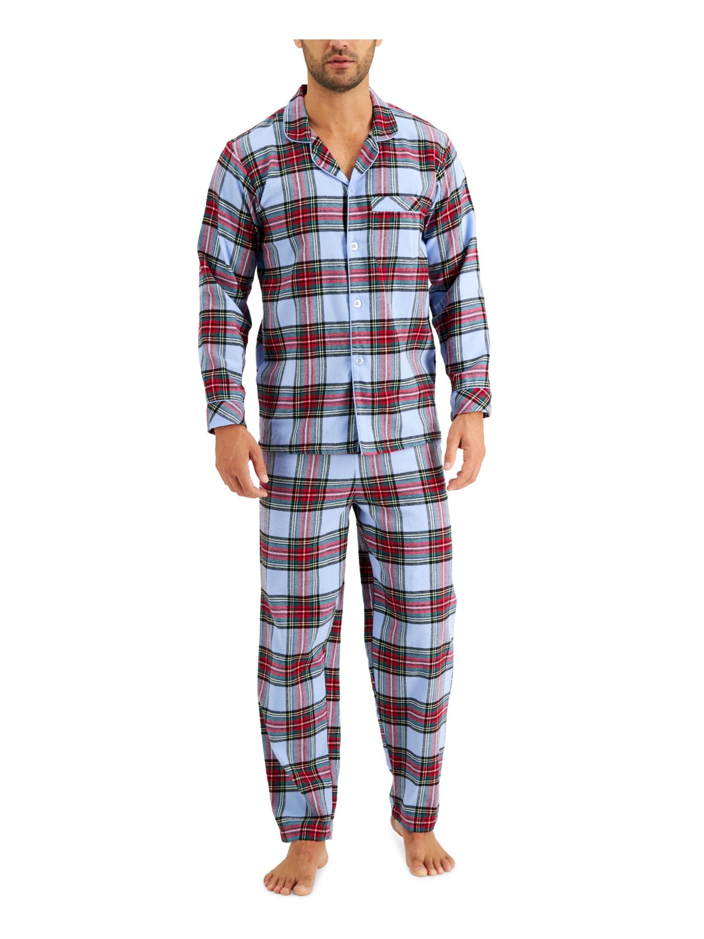 FAMILY PJs Mens Blue Plaid Long Sleeve Button Up Top Straight leg Pants Knit Pajamas XL