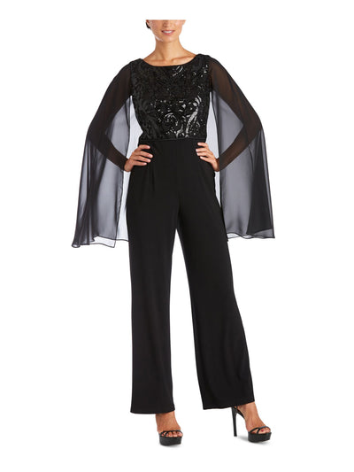 R&M RICHARDS Womens Black Sequined Caped Sleeve Sleeveless Scoop Neck Evening Straight leg Jumpsuit 6