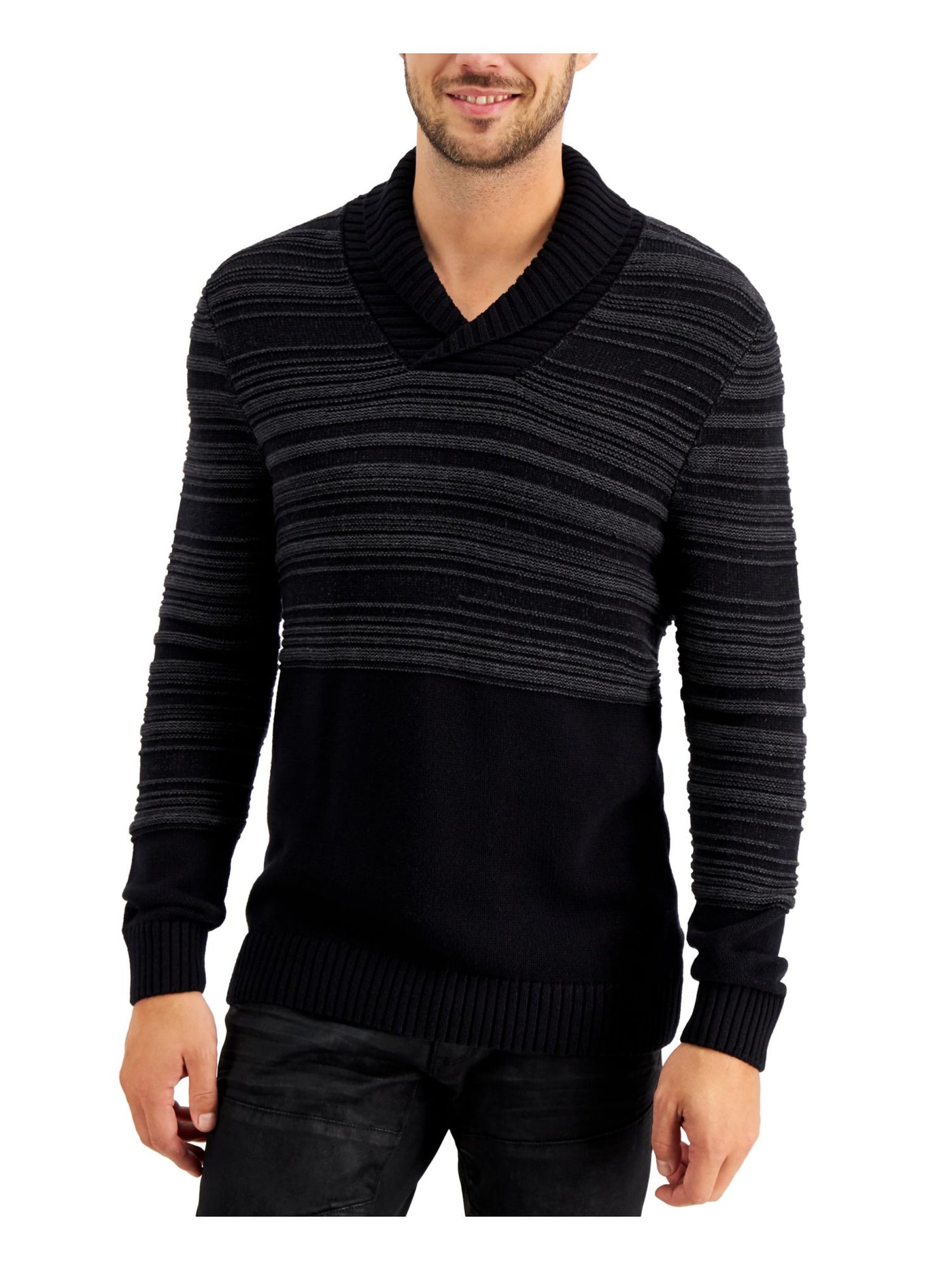 INC Mens Black Striped Shawl Collar Classic Fit Pullover Sweater XS