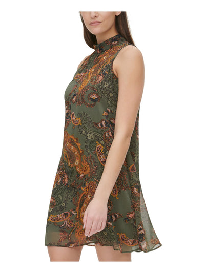 TOMMY HILFIGER Womens Green Gathered Mock-neck Back-keyhole Paisley Sleeveless Mini Dress 4