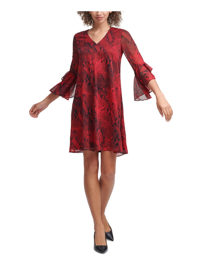 CALVIN KLEIN Womens Red Ruffled Animal Print 3/4 Sleeve V Neck Short Party Shift Dress 4