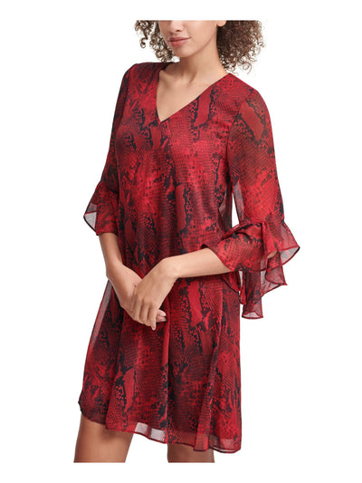 CALVIN KLEIN Womens Red Ruffled Animal Print 3/4 Sleeve V Neck Short Party Shift Dress 4