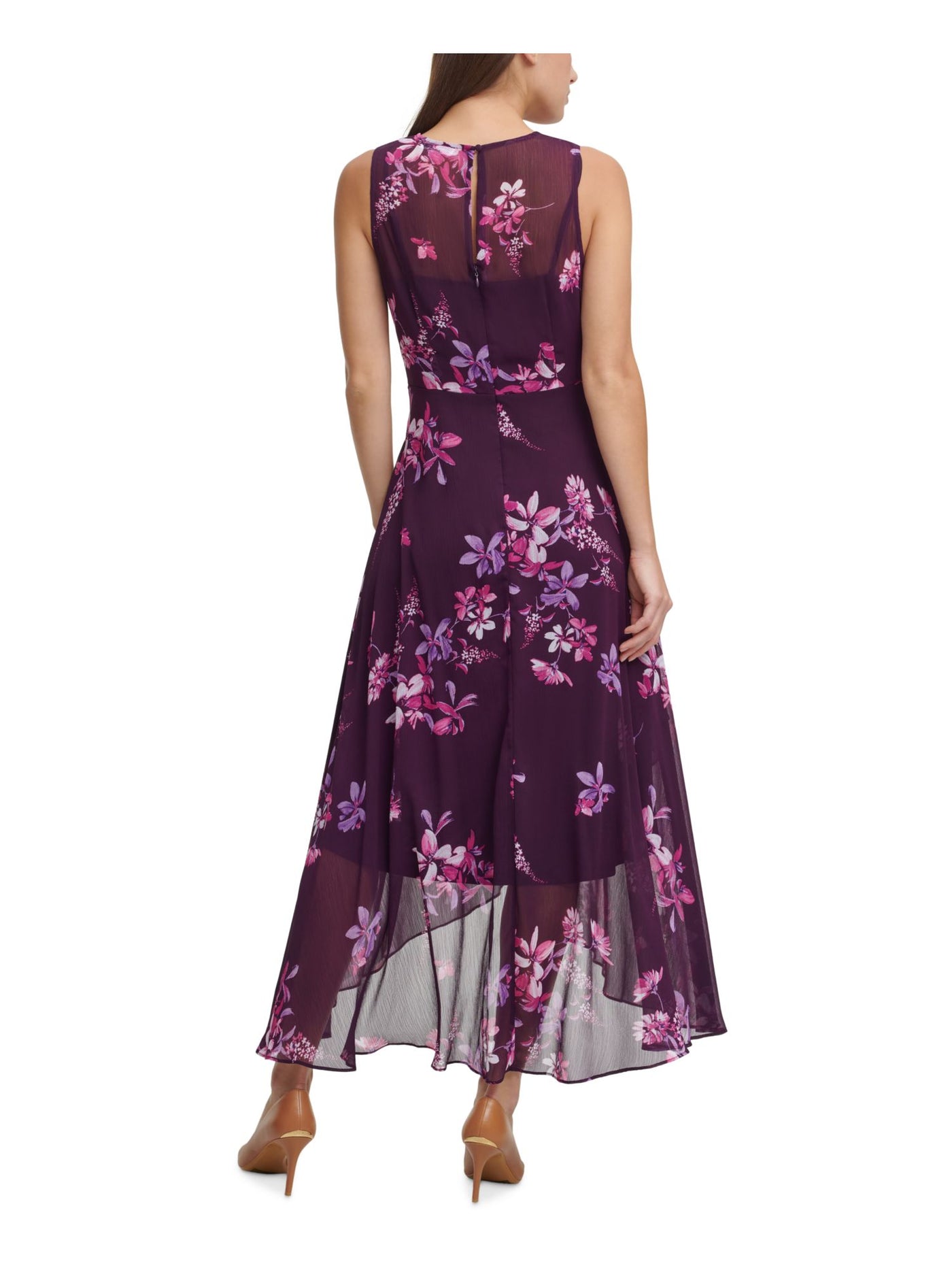 CALVIN KLEIN Womens Purple Sheer Zippered Chiffon Floral Sleeveless Surplice Neckline Maxi Party Hi-Lo Dress 16