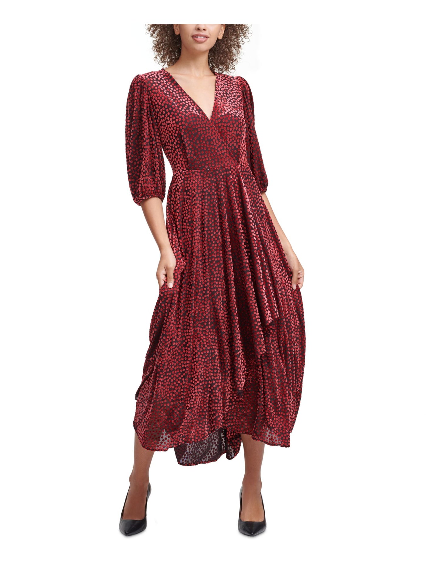 CALVIN KLEIN Womens Red Ruffled Embroidered Printed 3/4 Sleeve V Neck Midi Fit + Flare Dress 2