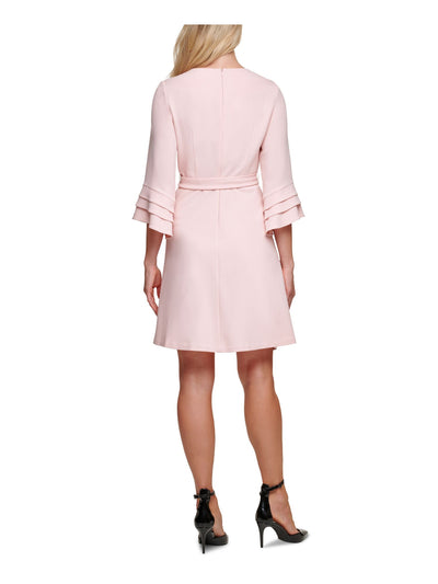 DKNY Womens Belted Zippered Textured Bell Sleeve Jewel Neck Above The Knee Wear To Work A-Line Dress