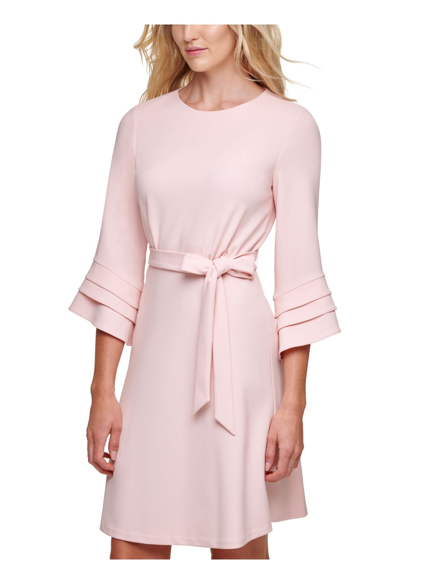 DKNY Womens Belted Zippered Textured Bell Sleeve Jewel Neck Above The Knee Wear To Work A-Line Dress