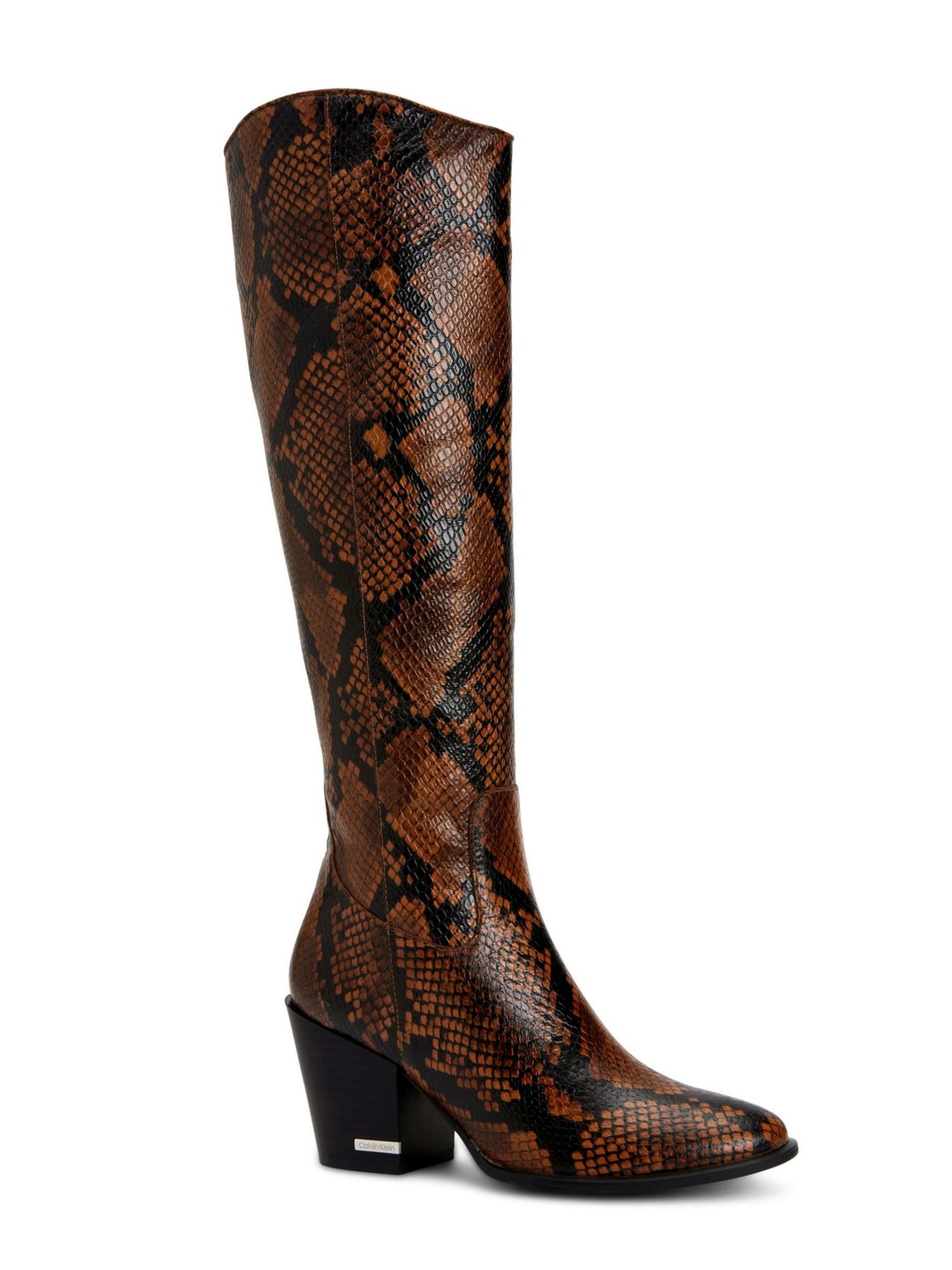 CALVIN KLEIN Womens Brown Animal Print Almond Toe Stacked Heel Zip-Up Leather Heeled Boots 6.5