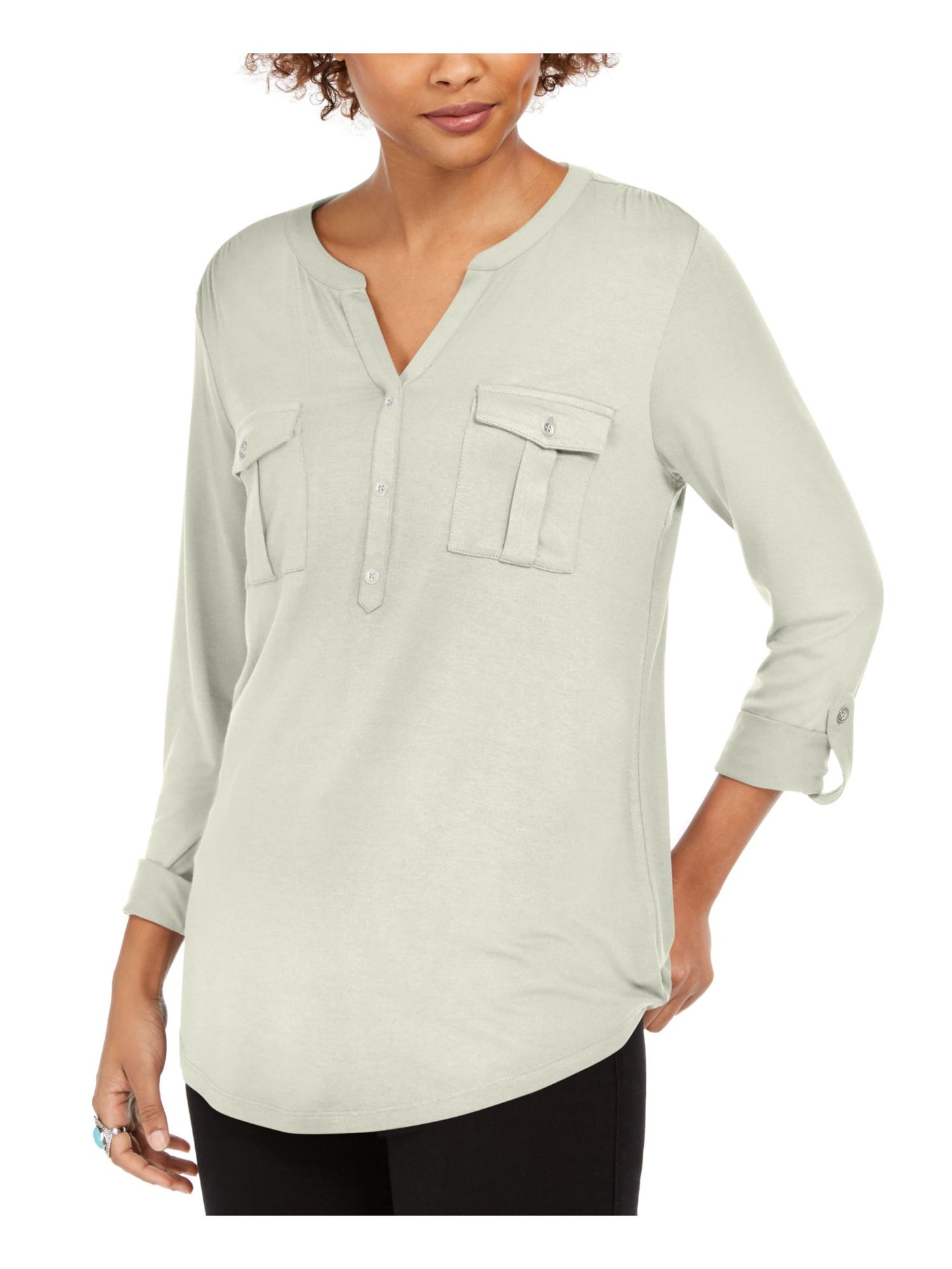 STYLE & COMPANY Womens Ivory Pocketed Button Neck 3/4 Sleeve Top Plus 3X