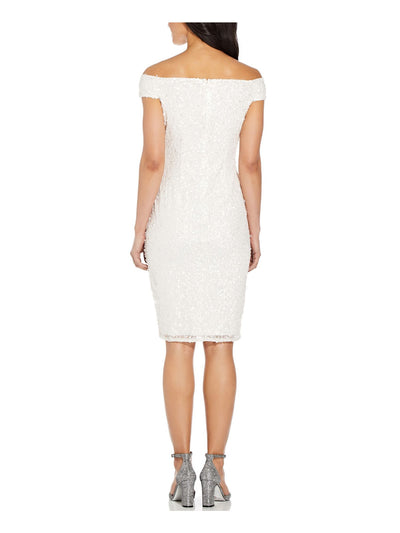 ADRIANNA PAPELL Womens White Sequined Zippered Cap Sleeve Off Shoulder Above The Knee Party Sheath Dress 20