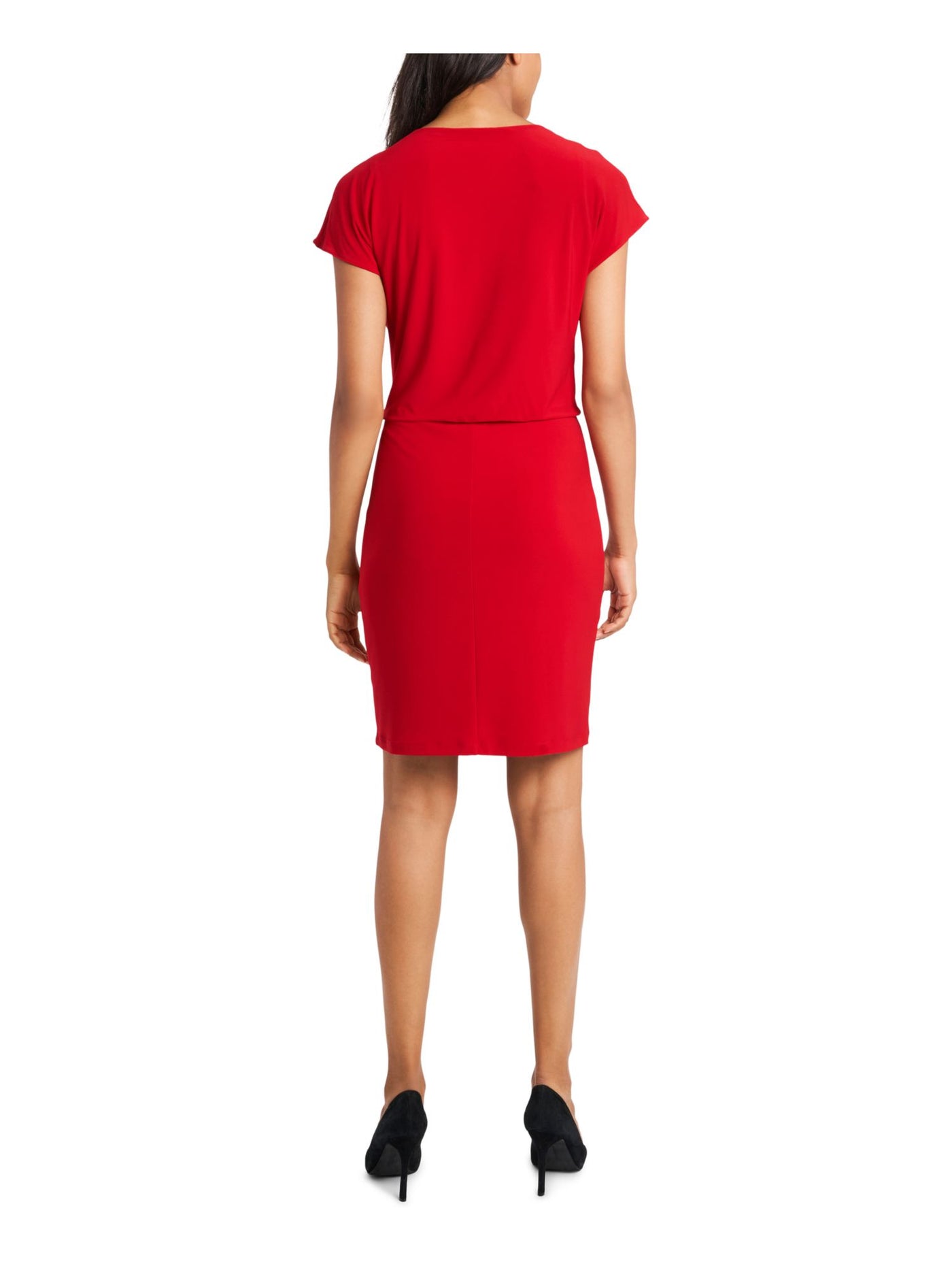 JBS LIMITED Womens Red Embellished Tie Front Cap Sleeve Cowl Neck Above The Knee Wear To Work Sheath Dress L
