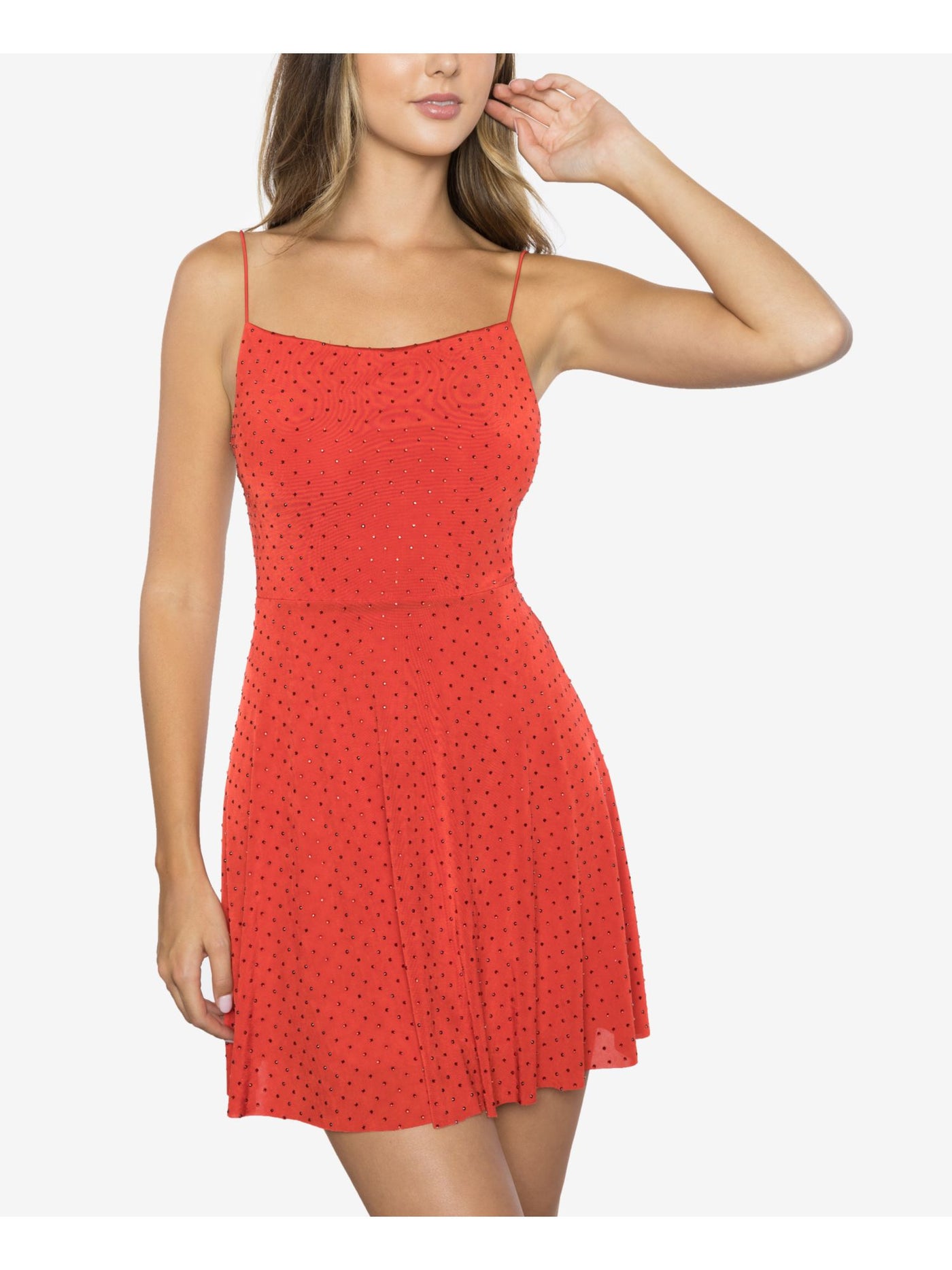 B DARLIN Womens Red Embellished Spaghetti Strap Square Neck Short Party A-Line Dress Juniors 3\4