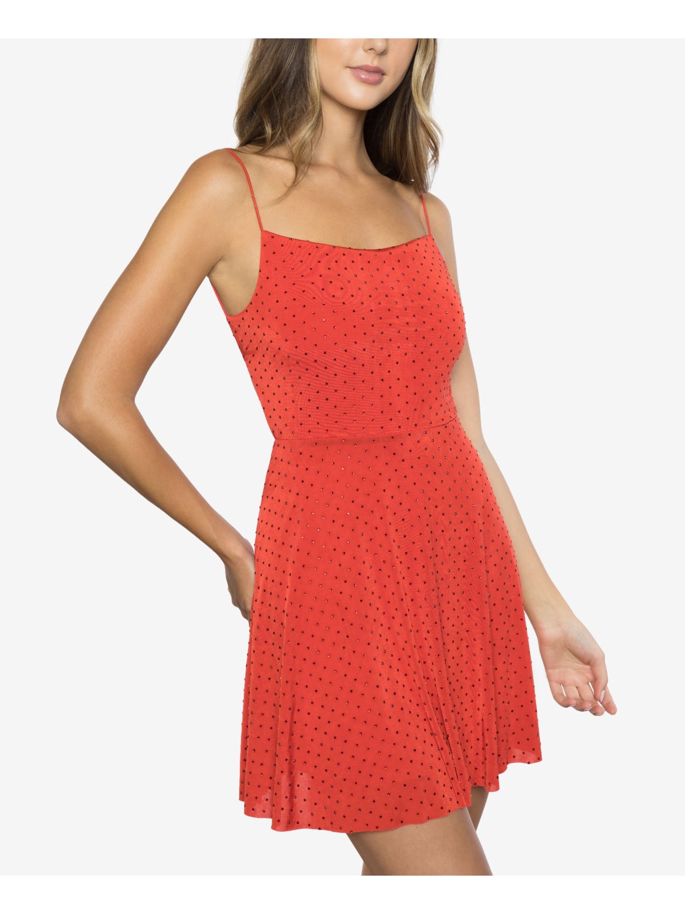 B DARLIN Womens Red Embellished Spaghetti Strap Square Neck Short Party A-Line Dress Juniors 3\4