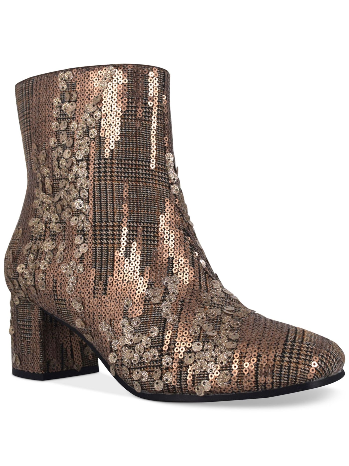 IMPO Womens Brown Sequined Cushioned Round Toe Block Heel Zip-Up Dress Booties 9 M